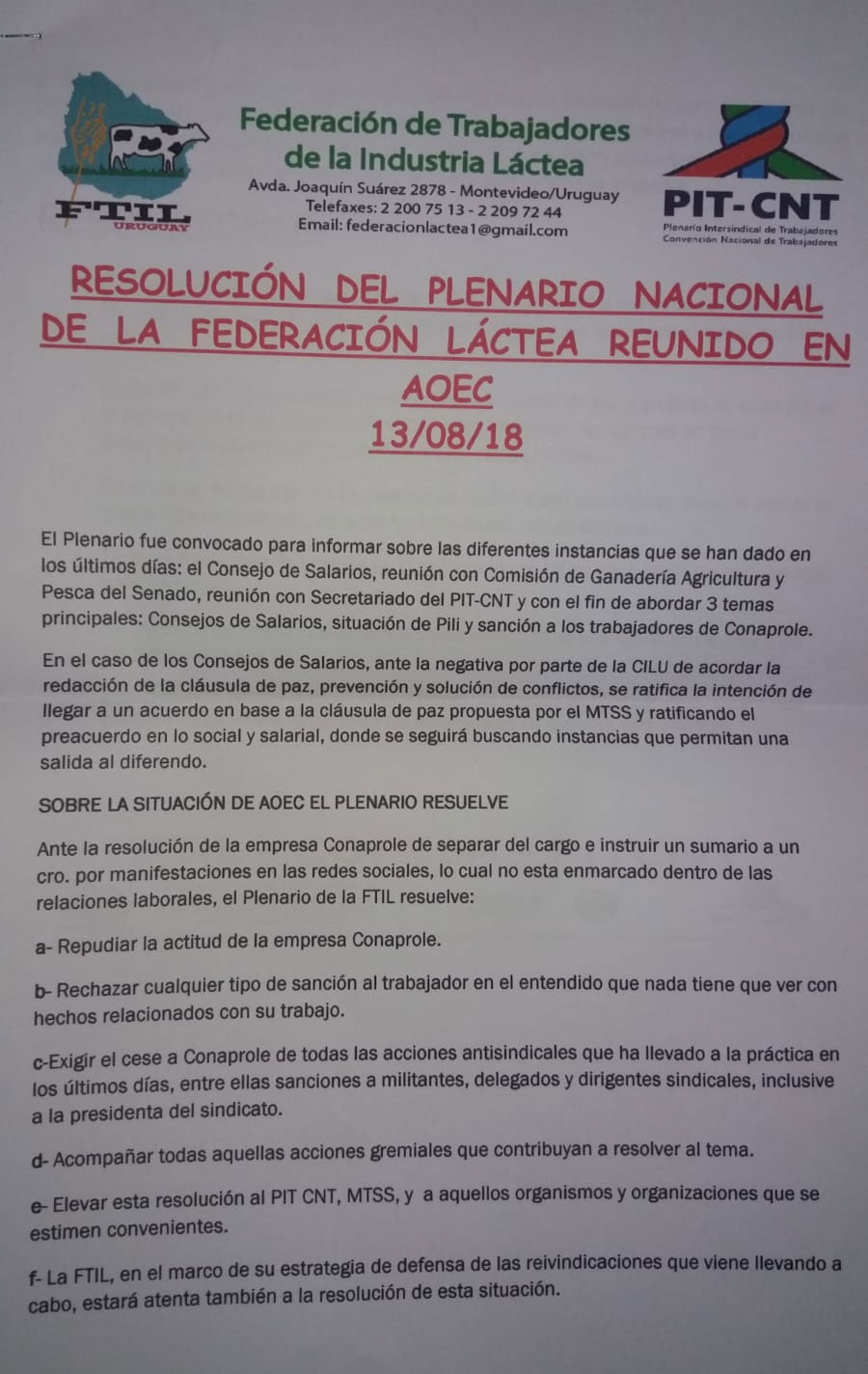 La Federación de Trabajadores de la Industria láctea comunica la resolución del plenario nacional